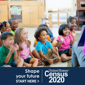 Children in preschool classroom. Shape your future. Start here: United States Census 2020