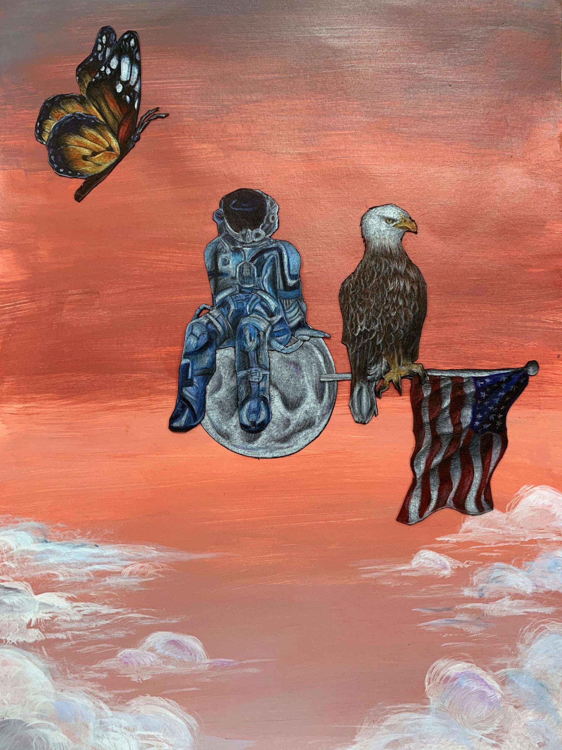 Artist Sierra Sklar piece with eagle, american flag, astronaut, and butterfly.