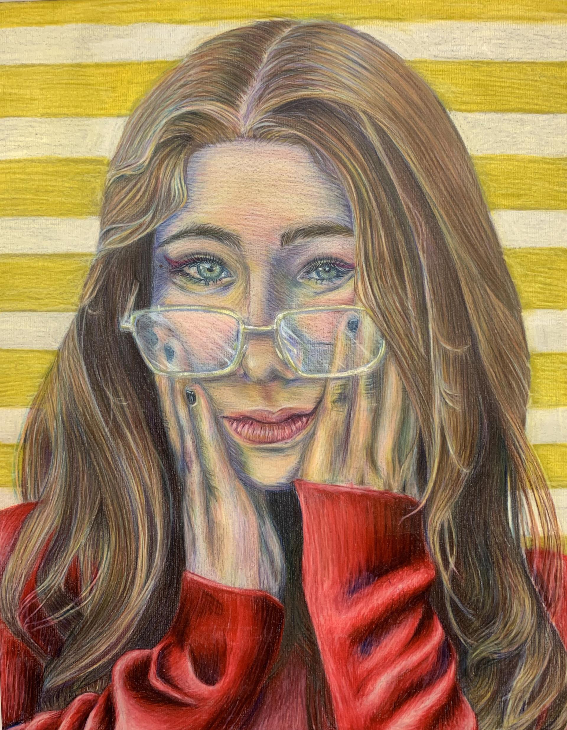 Artist Coral David drawing of girl with glasses touching her face.