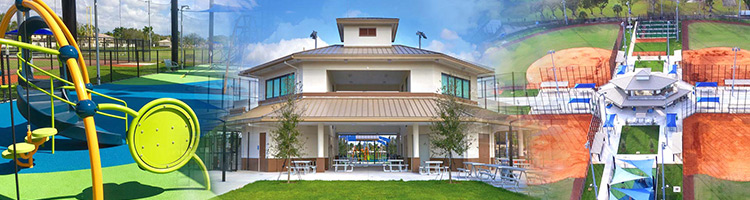 The City of Sunrise Sportsplex featuring central building, aerial view of baseball fields, and playground