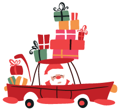 Santa inside a car surrounded by gift boxes.