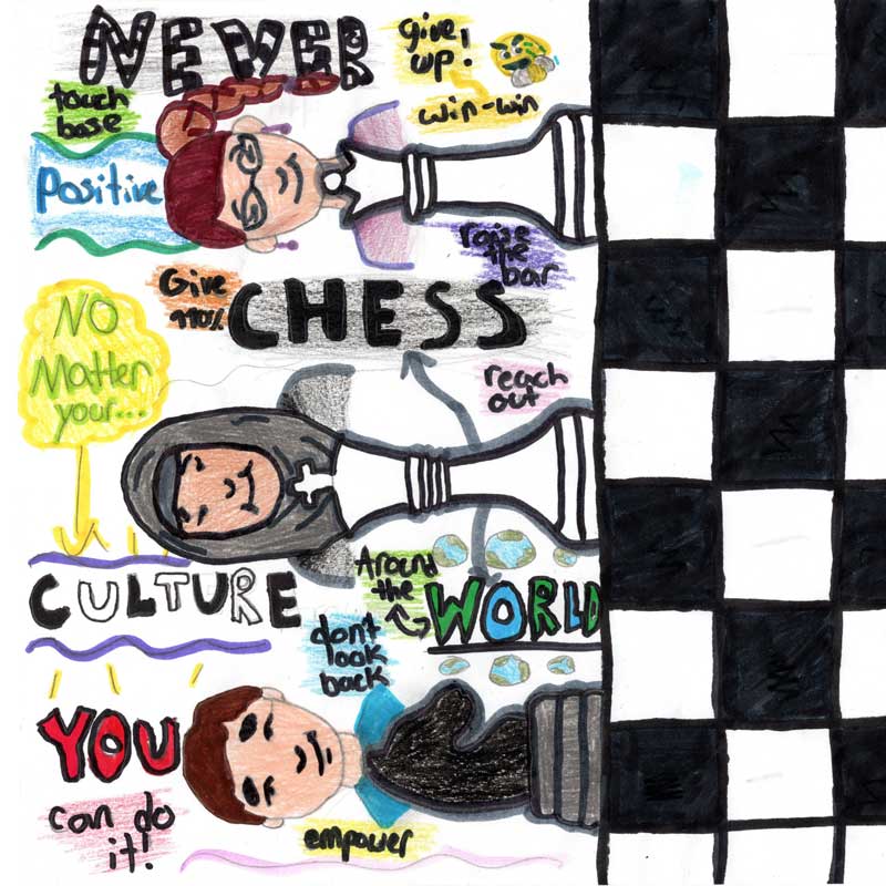 Drawing of chess board and multi-cultural players