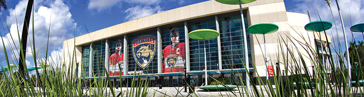 FLA Live Arena facade featuring the Florida Panthers National Hockey League team