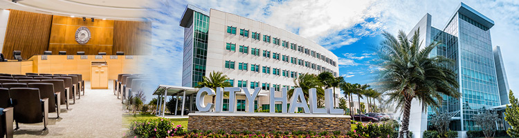 The City of Sunrise City Hall exteriors and commission chambers, built in July 2023