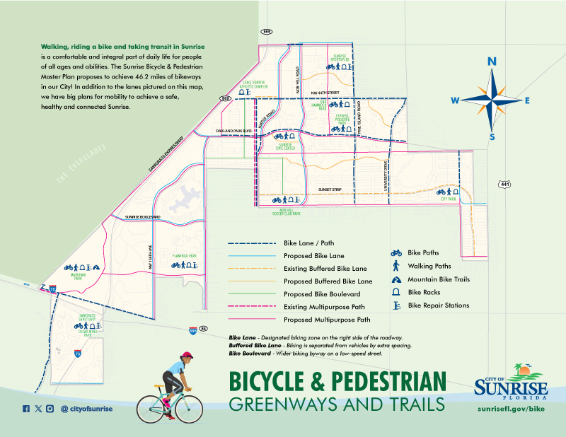 Sunrise Bicycle & Pedestrians Greenway and Trails map 2024 - thumbnail version