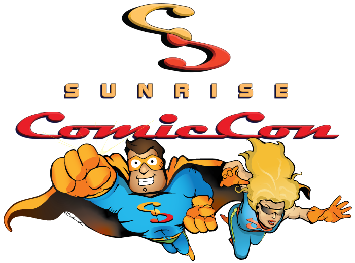 Sunrise Comic Con logo 2025 featuring Captain Sunrise and Daybreak